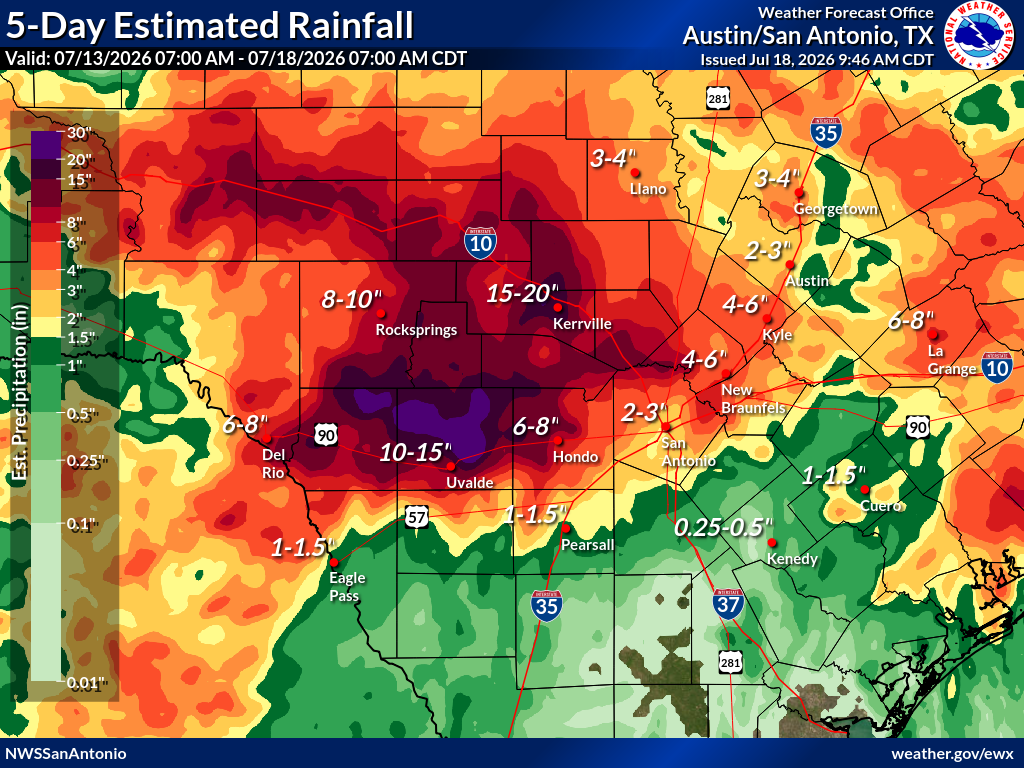 NWS 5-day estimated rainfall map showing 15 to 20 inches over the upper Guadalupe watershed near Kerrville