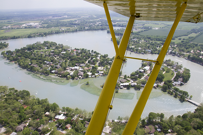 arial image of river community from airplane