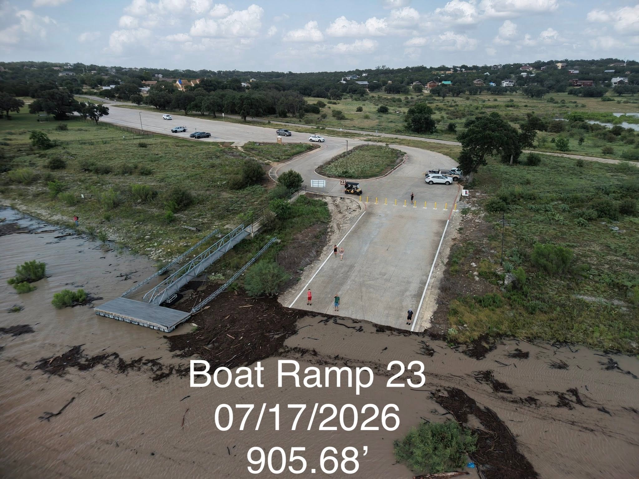Canyon Lake Boat Ramp 23 on July 17 2026 with flood debris in the water